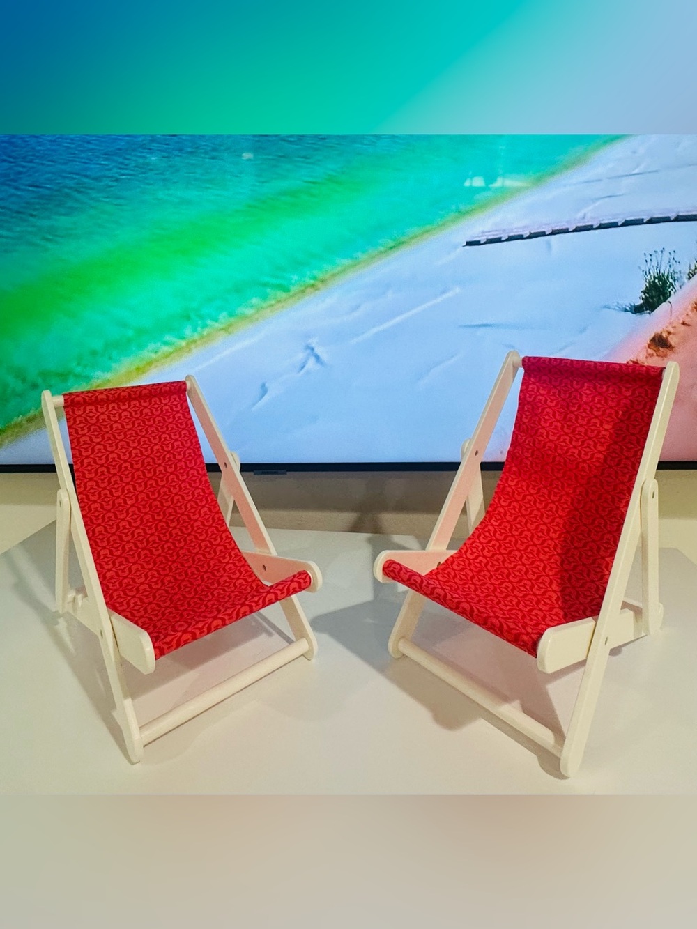 Set of 2 Doll Beach Lounge Chairs Folding Red Pink Fabric 18” Doll Size